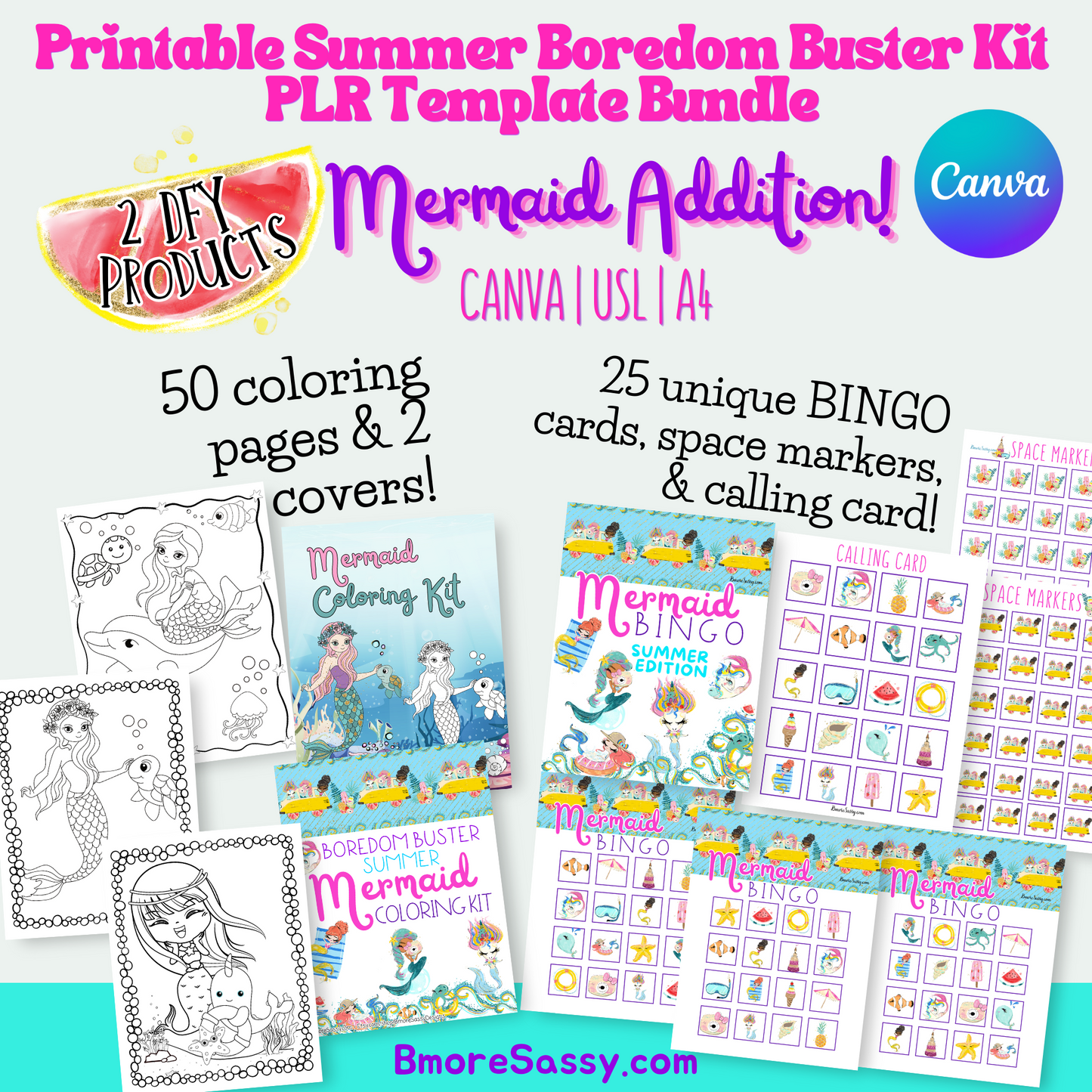 PLR Summer Boredom Buster Kit: Mermaid Addition with DFY Summer Mermaid BINGO and Mermaid Coloring Kit