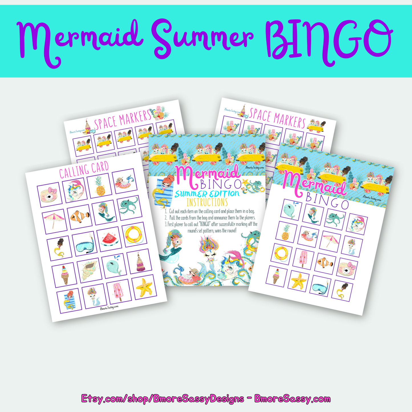 PLR Summer Boredom Buster Kit: Mermaid Addition with DFY Summer Mermaid BINGO and Mermaid Coloring Kit