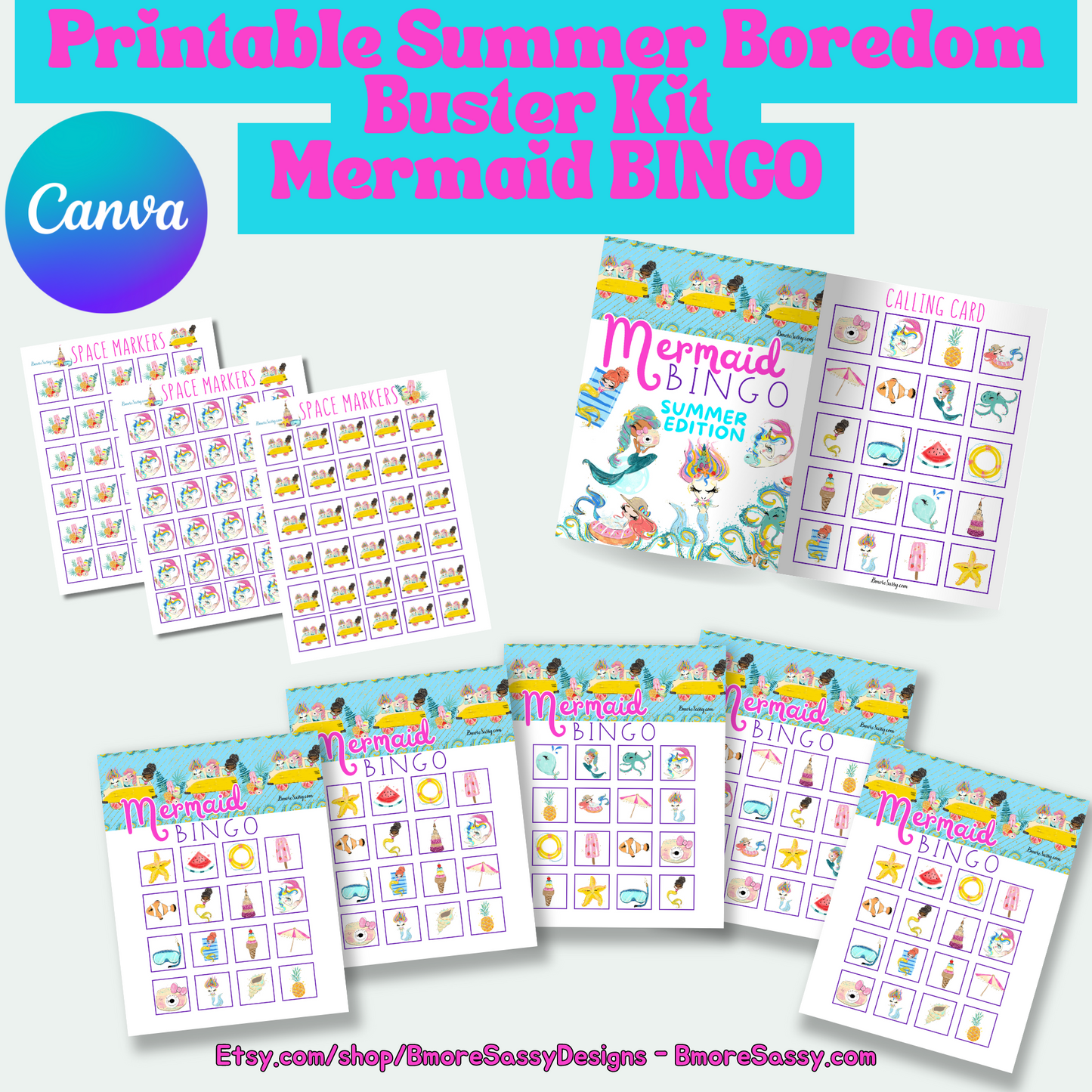 PLR Summer Boredom Buster Kit: Mermaid Addition with DFY Summer Mermaid BINGO and Mermaid Coloring Kit