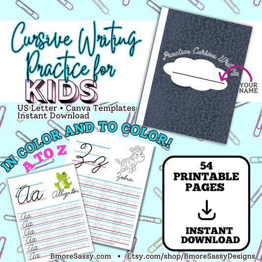 PLR Cursive Writing Practice for Kids US Letter Canva Template Bundle in Bright Colors and Color Me Images