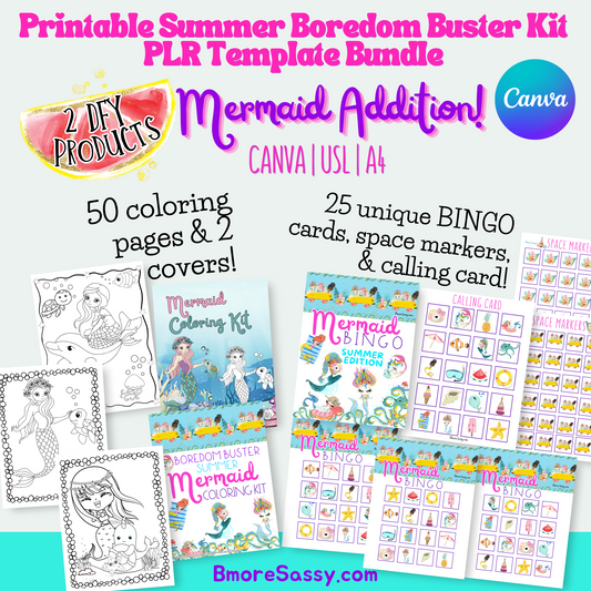 PLR Summer Boredom Buster Kit: Mermaid Addition with DFY Summer Mermaid BINGO and Mermaid Coloring Kit