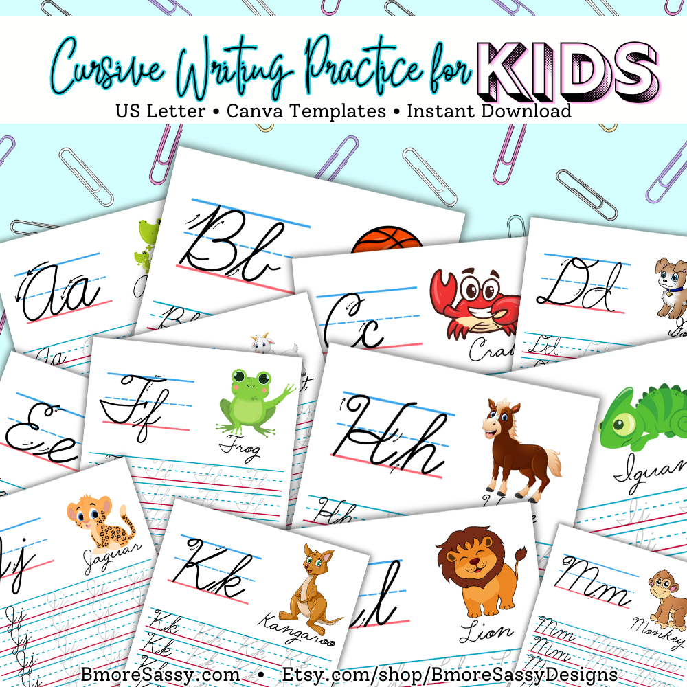 PLR Cursive Writing Practice for Kids US Letter Canva Template Bundle in Bright Colors and Color Me Images