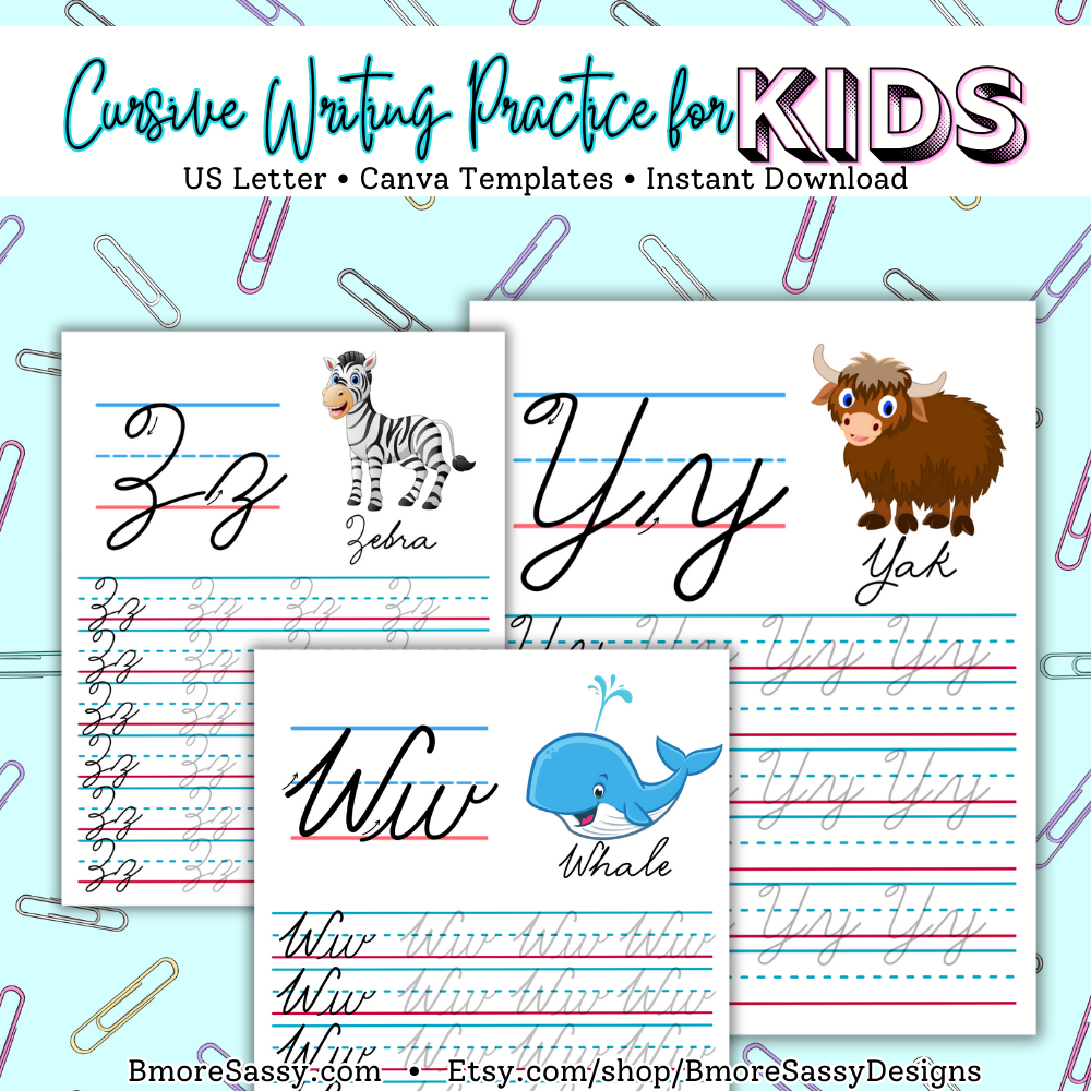 PLR Cursive Writing Practice for Kids US Letter Canva Template Bundle in Bright Colors and Color Me Images