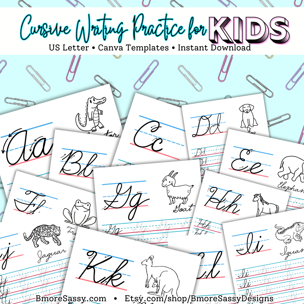 PLR Cursive Writing Practice for Kids US Letter Canva Template Bundle in Bright Colors and Color Me Images