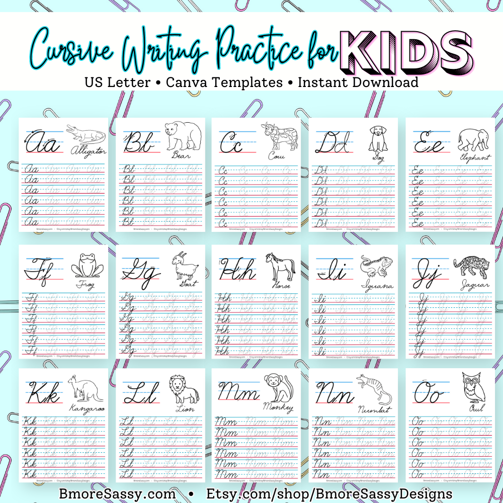 PLR Cursive Writing Practice for Kids US Letter Canva Template Bundle in Bright Colors and Color Me Images