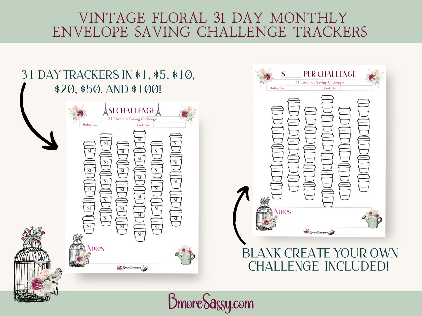 PLR Vintage Floral 31 Day Monthly Envelope Saving Challenge Trackers US Letter