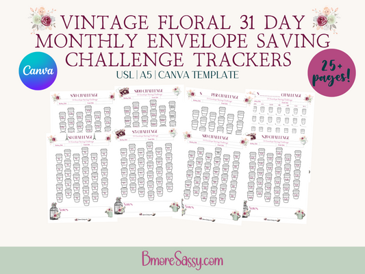 PLR Vintage Floral 31 Day Monthly Envelope Saving Challenge Trackers US Letter